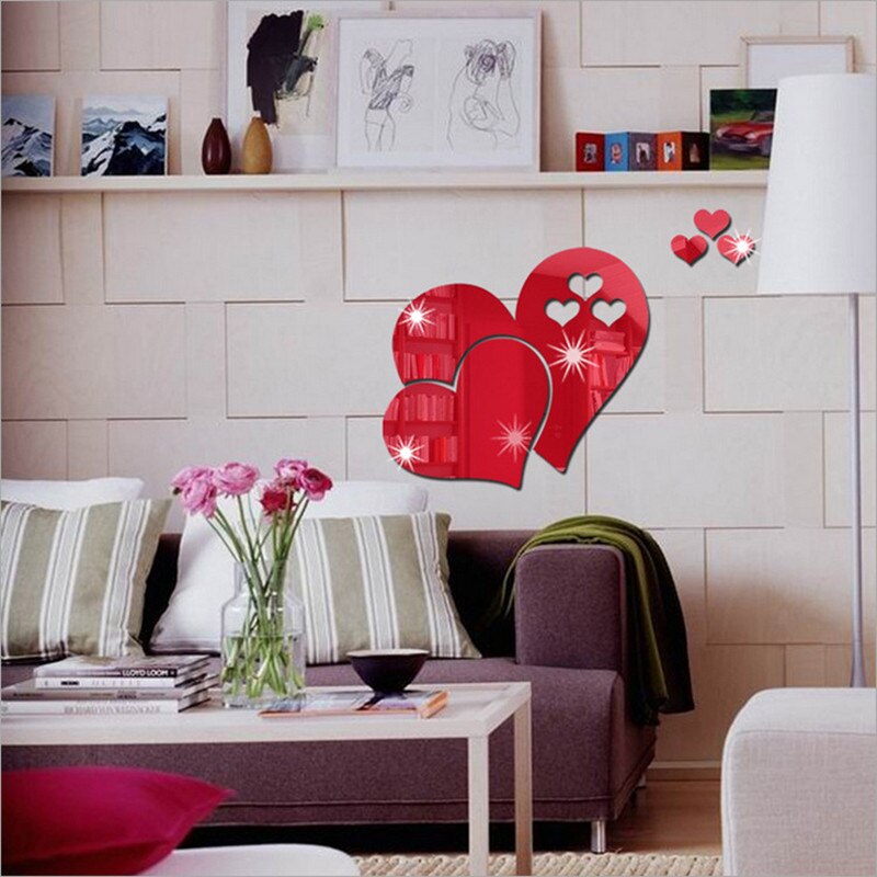 5 stk 3d spejl hjerte væg klistermærke diy hjem værelse værelse dekoration kærlighed mønster aftageligt værelse mærkat toilet bord klistermærker: Rød