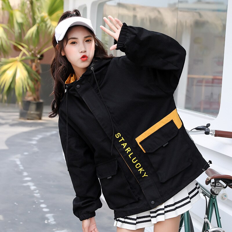 Frauen Mit Kapuze Jacken Neue Harajuku Koreanische Version Lose Zipper Jacke Windjacke Mäntel Patchwork Oversize Jacke Weibliche: Black / XL