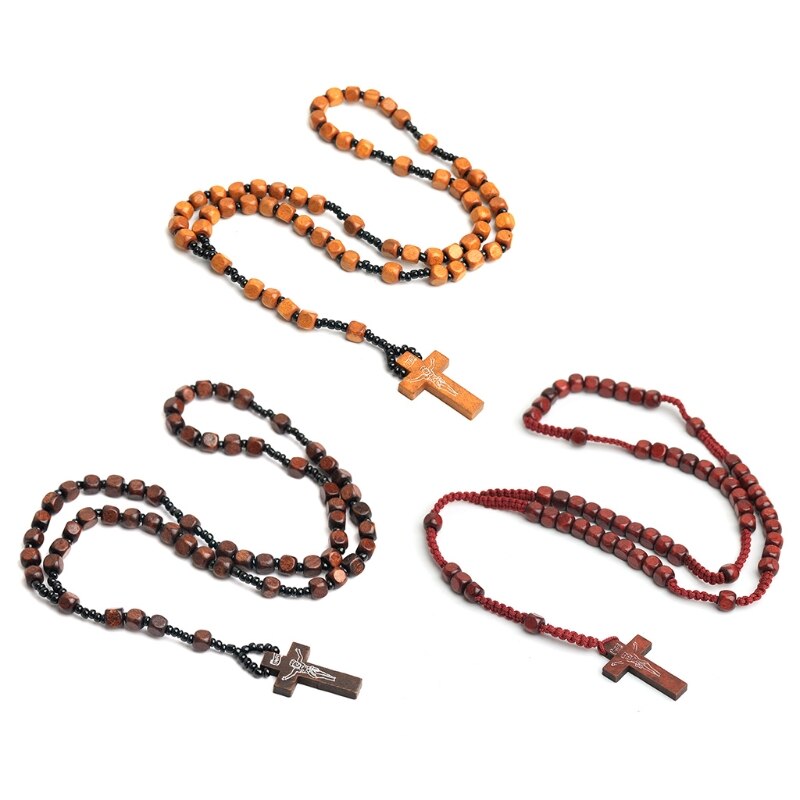 Handgemaakte Houten Kralen Rozenkrans Ketting Kruis Hanger Kettingen Voor Mannen Vrouwen Religieuze Jesus Sieraden