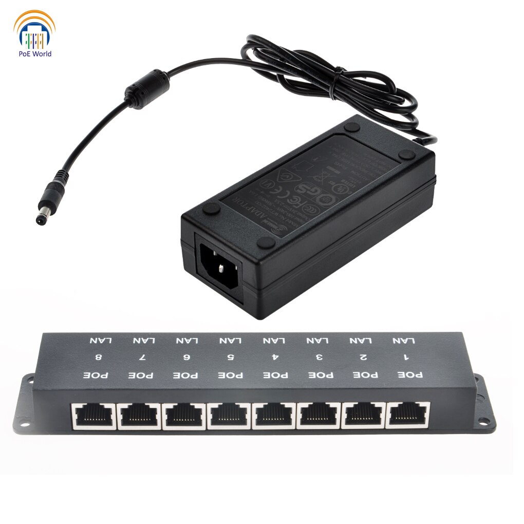 Mid-span multi port Passive POE injector for 8 CCTV cameras with 24V60W power adapter 10/100 data speed
