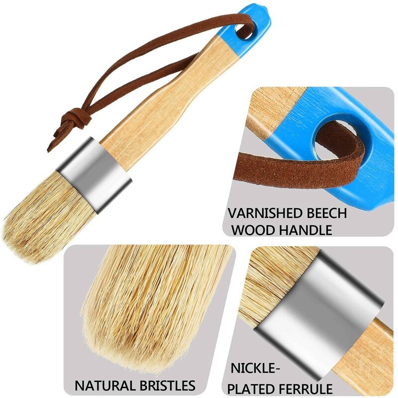5Pcs Chalk Paint & Wax Brush Natural Bristle Brush Set - Round Brush, 3 Piece Brush Set & 4Inch Flat Brush