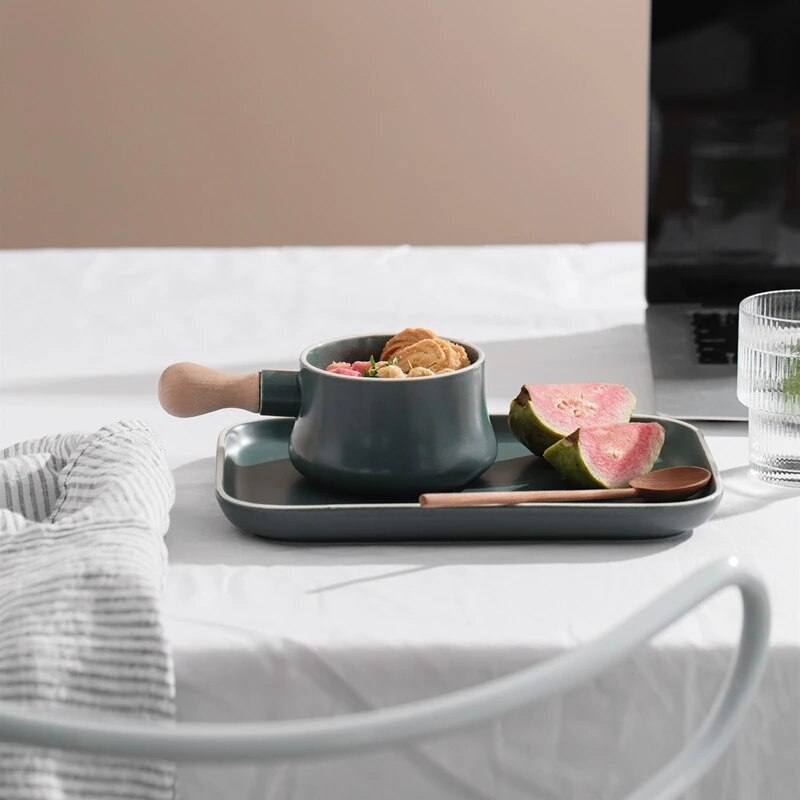 Tazón de cerámica con mango de madera para leche, plato de porcelana rosa y gris, bandeja creativa, juego de vajilla para postres y desayuno
