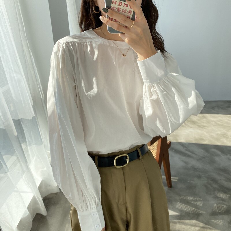 Manera de la linterna de La Manga primavera blusa camisas casuales de las mujeres O cuello suelto Casual Tops blusa nueva liso Simple Camisas de mujer CRRIFLZ