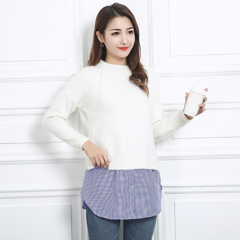 Femmes couches jupe décorative rayures bleues imprimer Flare incurvé faux faux ourlet boutons taille élastique tablier détachable