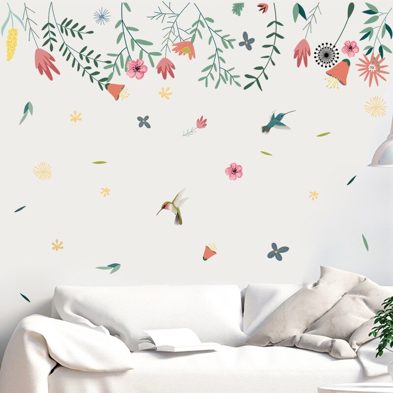 Håndmalede blomster og fugle flyvende væg klistermærke stue soveværelse boligindretning vægmaleri sofa baggrund klistermærker tapet