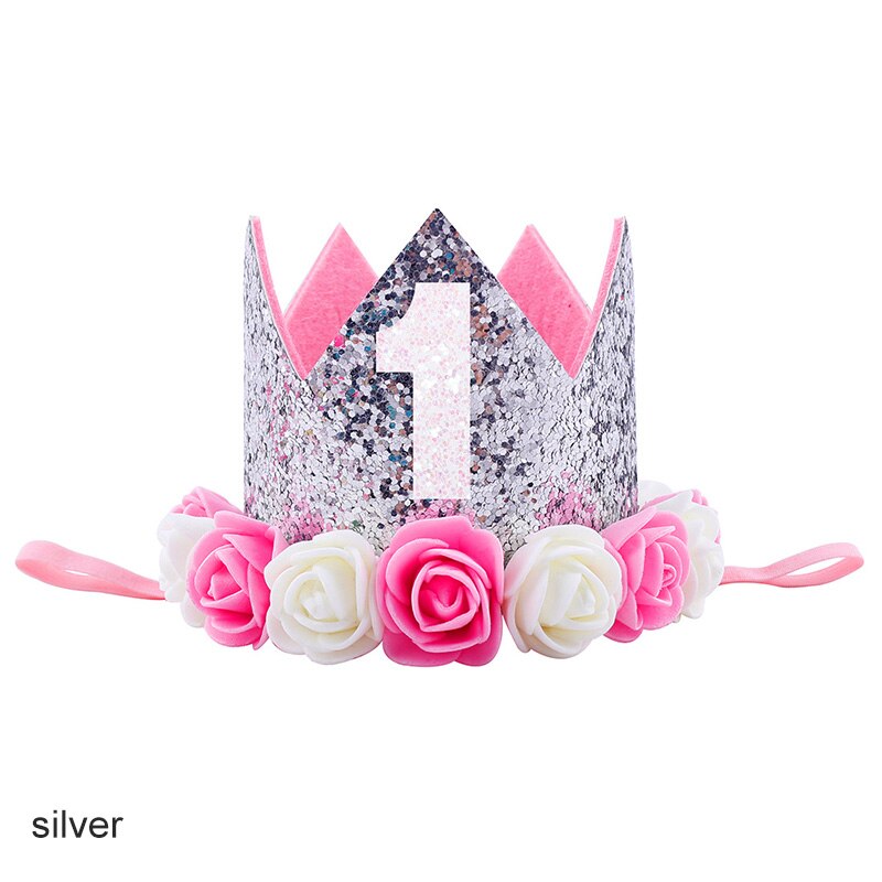Corona de cumpleaños de 1 año de brillo, sombrero de primer cumpleaños, decoración de rosas, accesorios para espectáculo de bebés, diadema de cumpleaños, suministros para fiestas de bodas: 4 silver