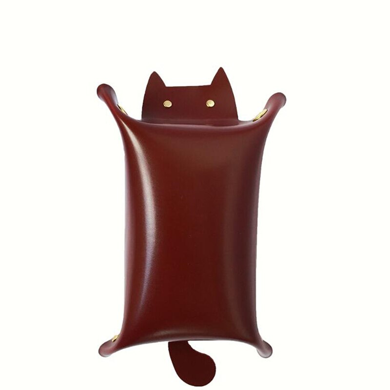 Portable Cat Shape Leather Storage Tray Key Desktop Jewelry Box Coin Makeup Tray Household Folding Tray Storage Box: wine red