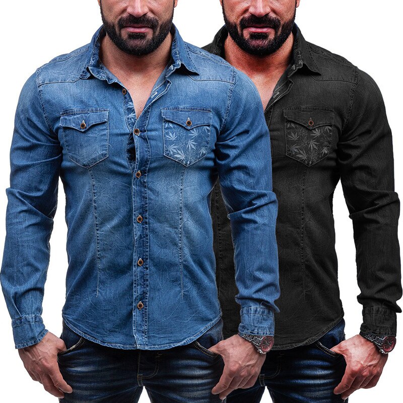Cotton Slim Fit Denim Shirts Men outdoor Casual printing Long Sleeve tops Mens Jeans Shirt Autumn Shirt for Men