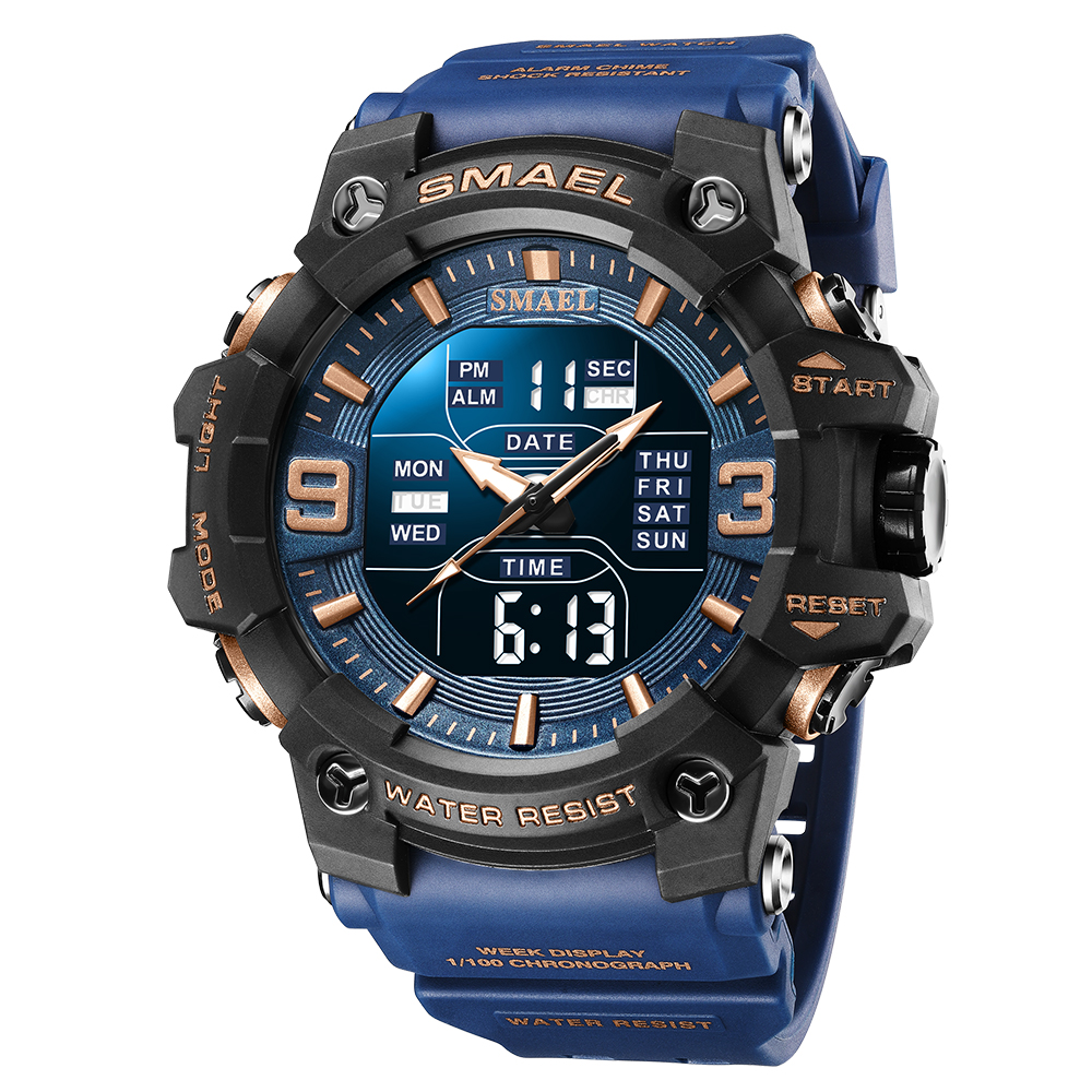 Smael 8049 Horloge Sport Led Licht Wekker Dual Time Display Waterproof Week Auto Date Polshorloges Quartz: Blauw