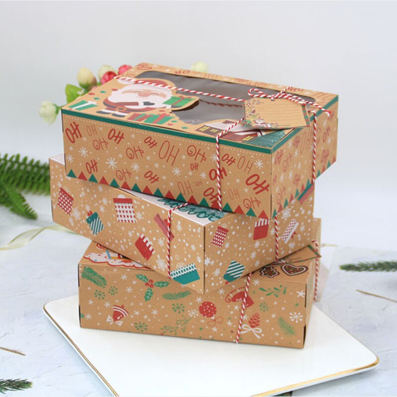12Pcs Kraft Paper Portable Christmas Box Party Favor Holders Candy Box Cookie Boxes With Snowman Santa Claus Card
