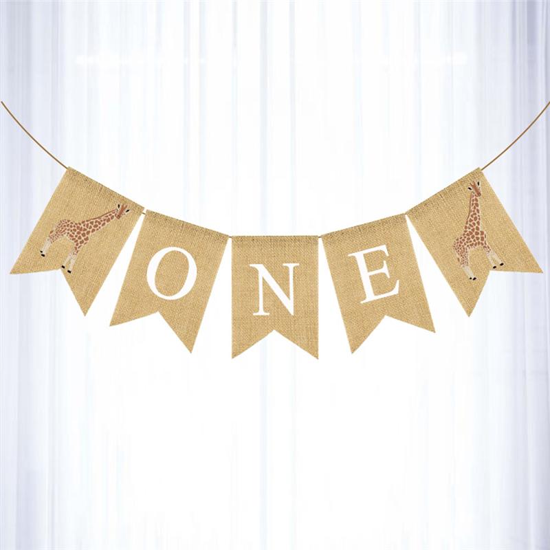 First Birthday Party Flag Giraffe and ONE Printing Burlap Banner Swallowtail Bunting Baby Shower Hanging Garland Party Supplies