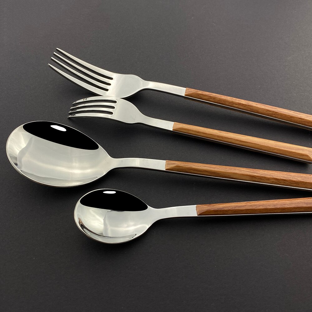 20Pcs Zilveren Houten Handvat Westerse Servies Set Roestvrij Stalen Bestek Set Mes Vork Lepel Theelepel Diner Servies Set
