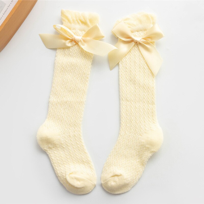 0-4Y Spaanse Stijl Baby Meisjes Sokken Strikken Knie Hoge Kinderen Sokken Peuters Buis Lange Sok Hollow Out Prinses Hoge Visnet sokken: Yellow bow mesh sock