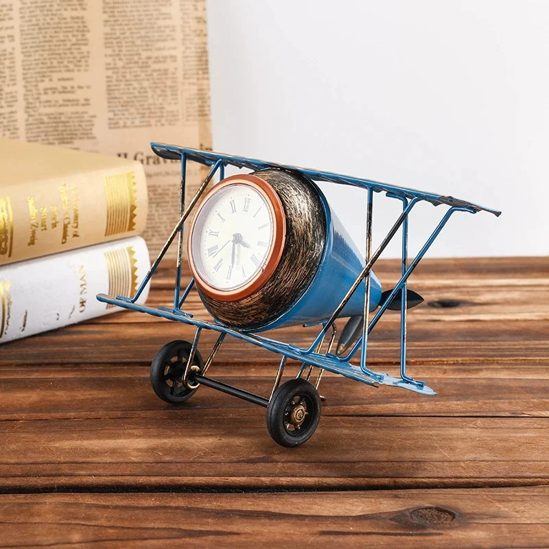 metal wrought iron airplane clock model desktop retro clock photography prop ornament office desktop decoration ornament