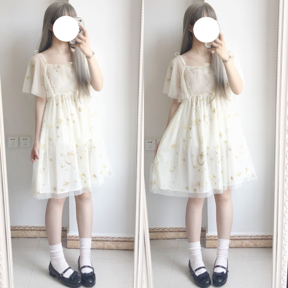 Japonês kawaii meninas lua estrela bordado vestido vitoriano verão lolita vestido chá festa gótico lolita op chá loli cos