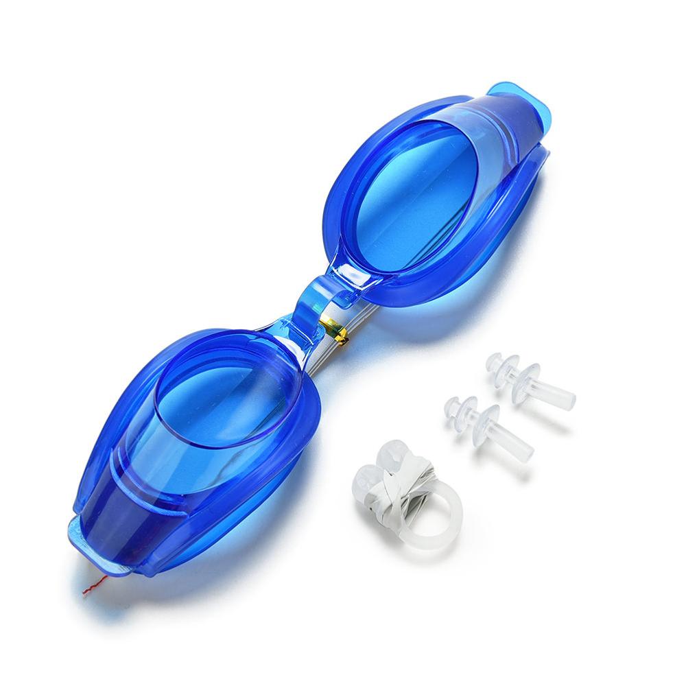 Volwassen Unisex Zwemmen Bril Kit Zomer Duiken Zwemmen Bril Plastic Rubber Goggle Set Met Oordopjes Neus Clip: Blauw