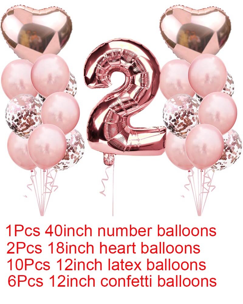 Søde 1st fødselsdag rose guld tal balloner 2 3 4 5 6 7 8 9 års fødselsdagsfest dekorationer børn konfetti ballon børns xn: Sæt 2 sæt