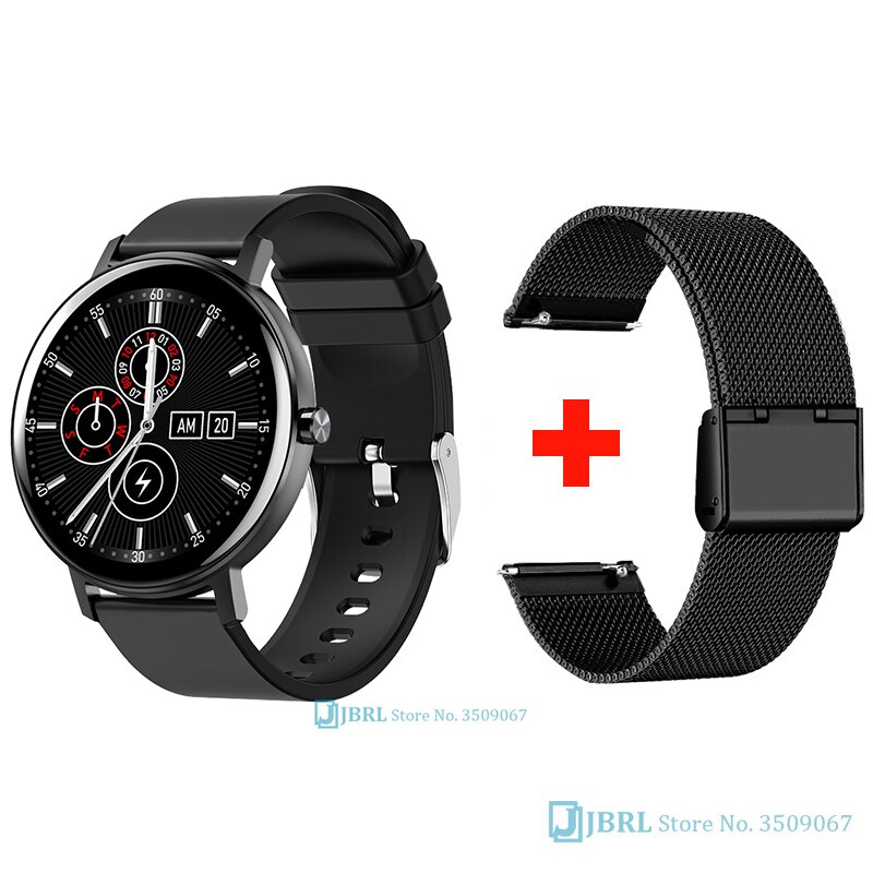 Banda inteligente redonda dos homens das mulheres pulseira inteligente rastreador de fitness para android ios smartband superior toque completo pulseira de pulso inteligente banda: black add strap 1