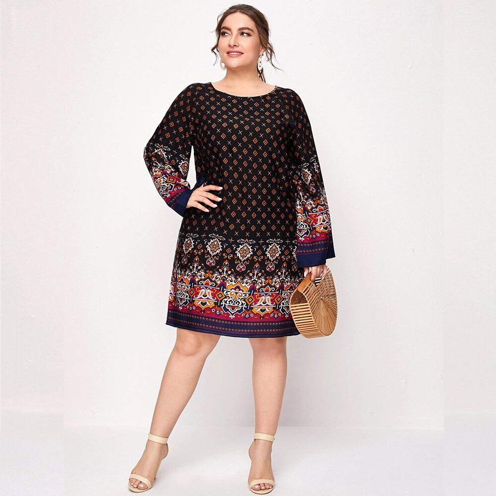 Plus Size Cotton O-neck Floral Dress