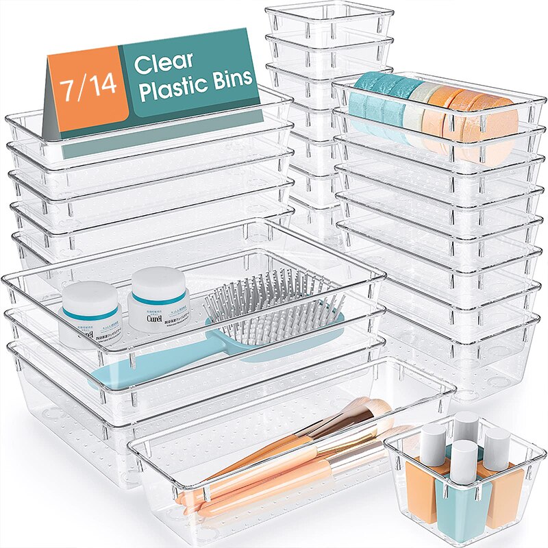 7/14 Pcs Lade-Organisatoren Set Doorzichtige Plastic Bureauverdelers Bakken Slaapkamerkast Kantoor Opbergdoos Voor Make-Up Jewelries Gadgets