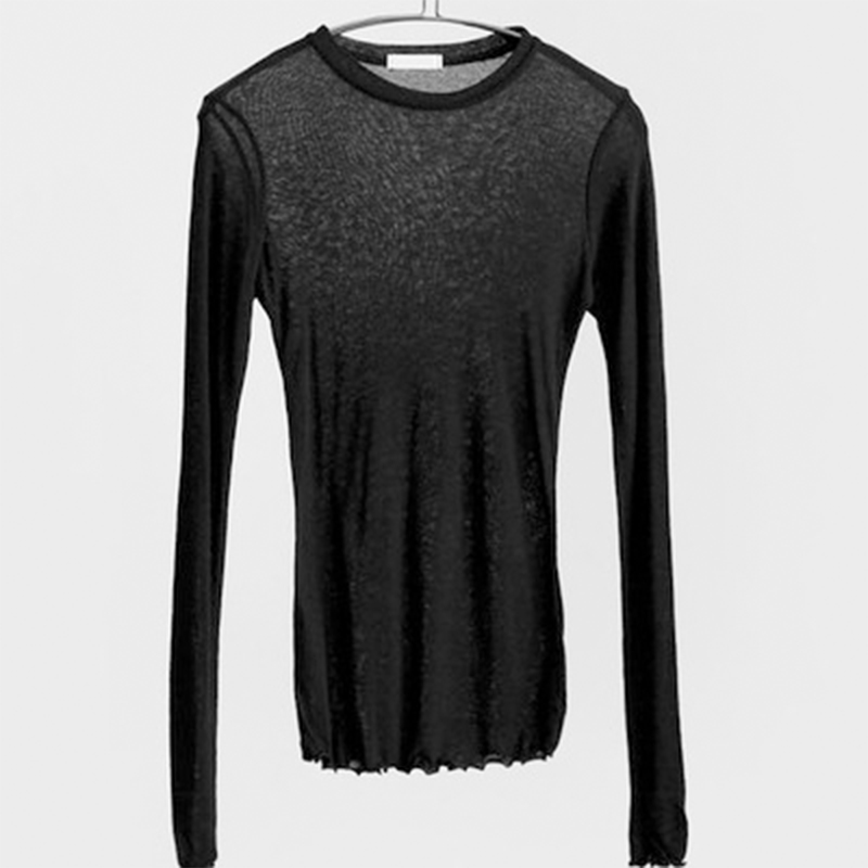 Enfärgad t-shirt kvinnor bomull elastiska enkla t-shirts kvinnliga casual toppar långärmade sexiga tunn t-shirt genomskinlig: L / Svart
