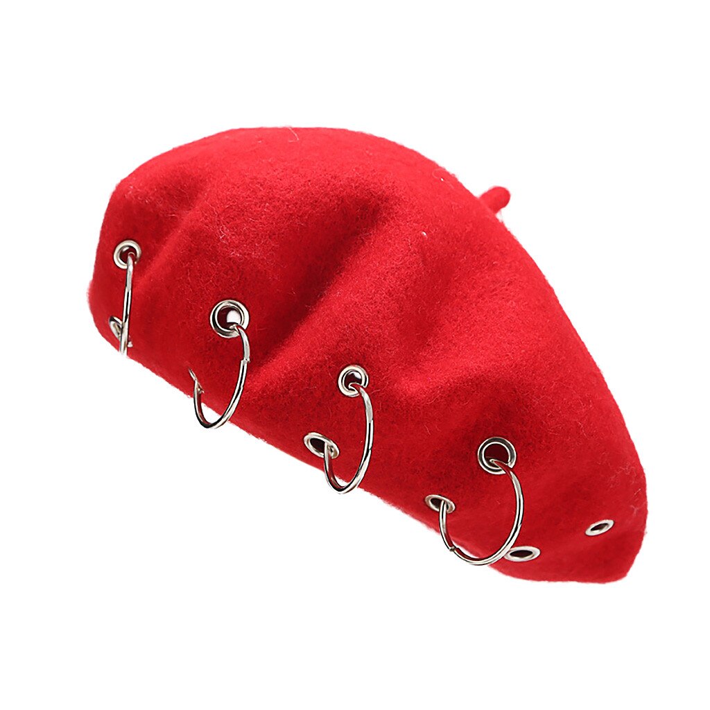 Mode Winter Baretten Voor Vrouwen meisje Punk Rock Stijl Ijzeren Ringen Baret Caps Retro Wol Hoeden Zwarte Wollen Schilder Caps: Rood