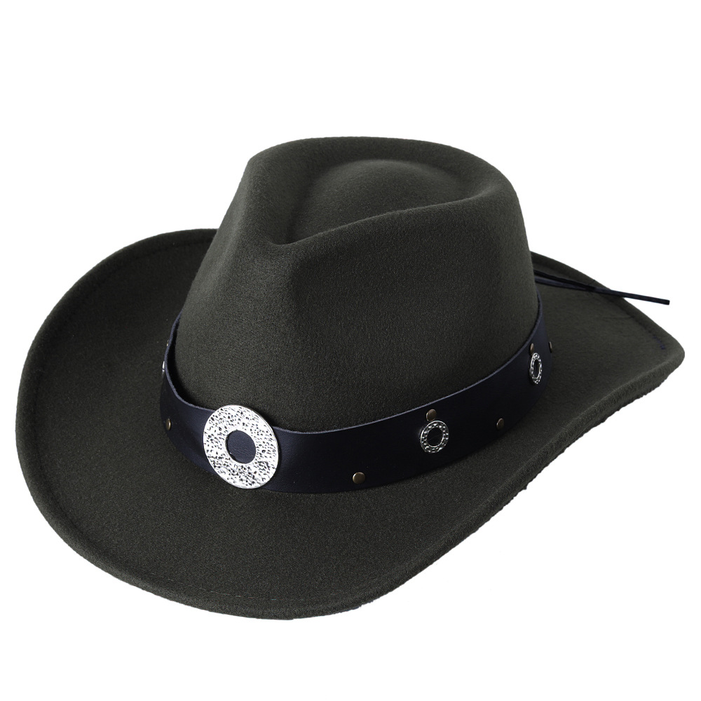 Sombrero de ala ancha con cinturón para hombre y mujer, gorro cálido de Jazz, Color sólido, para invierno y otoño: Verde militar