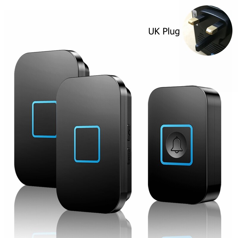 Smart Home Wireless Waterproof Doorbell 300M Remote 1 Button 1 2 Receiver US EU UK Plug Intelligent LED Light Door Bell 60 Chime: black 1x2 UK