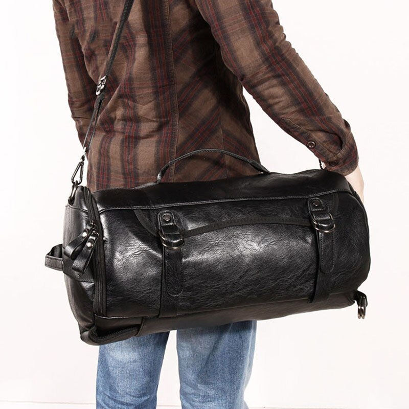 Handsome PU Men's Long-Distance Travel Large-Capacity Backpack Solid Color Retro Style Transport Backpack