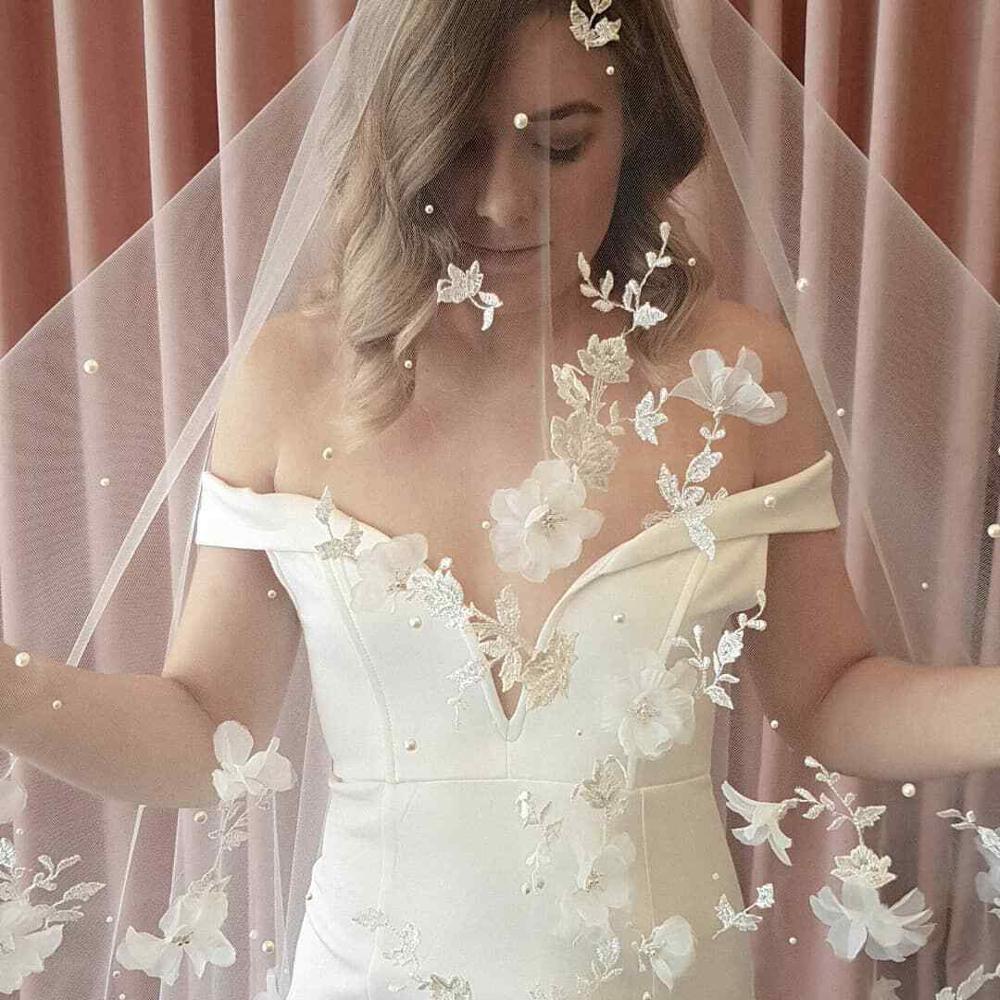 Applikationer bryllup slør 3d blomster perler brudeslør kapel længde brud slør bryllup tilbehør