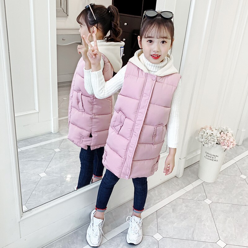 Winter warm vest voor kinderen meisjes tieners witte capuchon dikke donsjassen pure kleur mouwloze vesten outdoor jassen