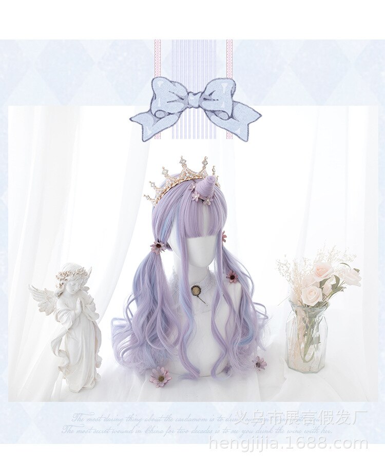 Heng Ji Lolita Harajuku Unicorn "Dream Leman Lake" Lolita round Face Long Curly Hair Double Ponytail Wig Lolita wig: 2