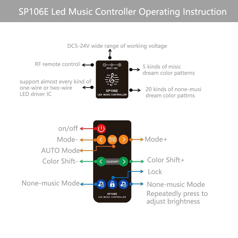 SP106E 9 Toetsen Led Muziek Controller Voor WS2811 /WS2812B /6812 /1903/6803 Magic Led Strip Tape Kleurrijke Muziek controller DC5V-12V