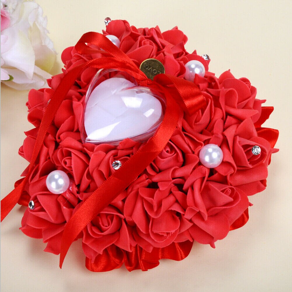 Mode Creatieve Romantische Bruiloft Rose Hartvormige Ring Box Toonder Holder Kussen Kussen: Rood