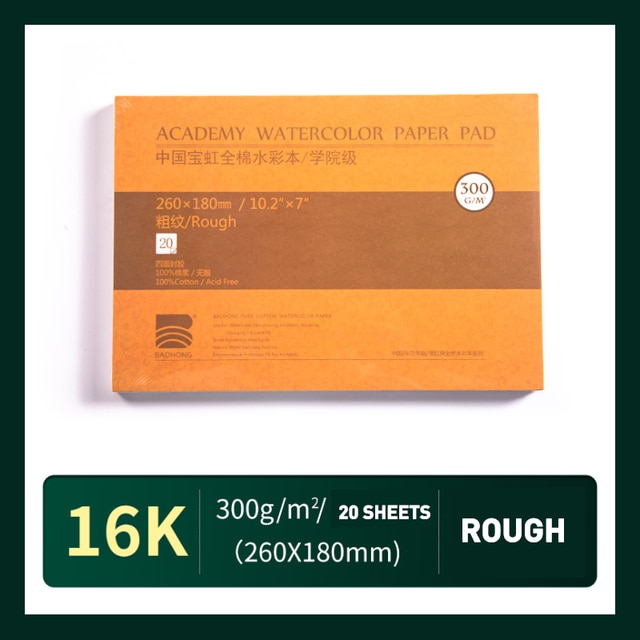 Watercolor Pad Paper, 100% Cotton 20 Sheets, 140lb/300gsm, 32K 16K 12K Glue Bound, Acid-Free, Art Sketchbook Wet &amp; Dry: 16k Rough
