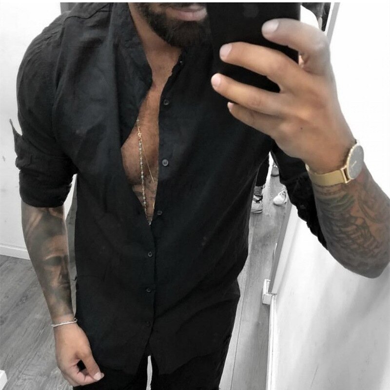 Plus size skjorter herre bluse almindelig langærmet skjorte herre åndbare toppe high fashion tøj mænd casual top slim fit bluser: Sort / M
