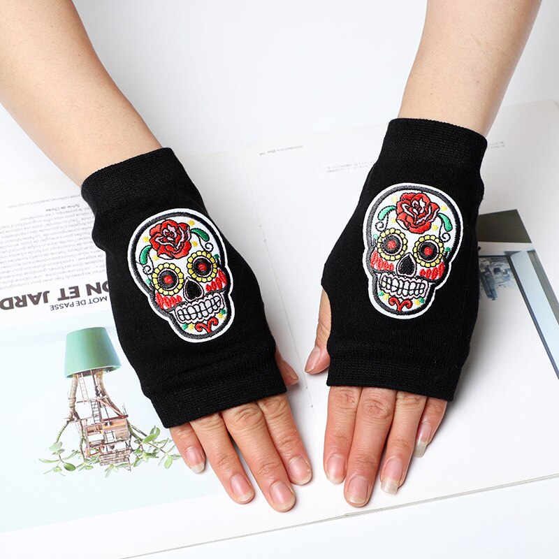 embroidered skull knitting gloves Fingerless Gloves: white