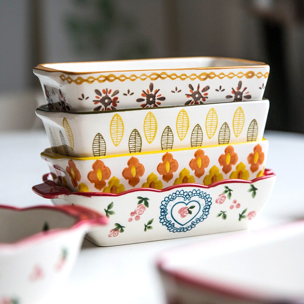 European double-eared baking pan ceramic baking rice bowl household rectangular plate western food plate wy121705