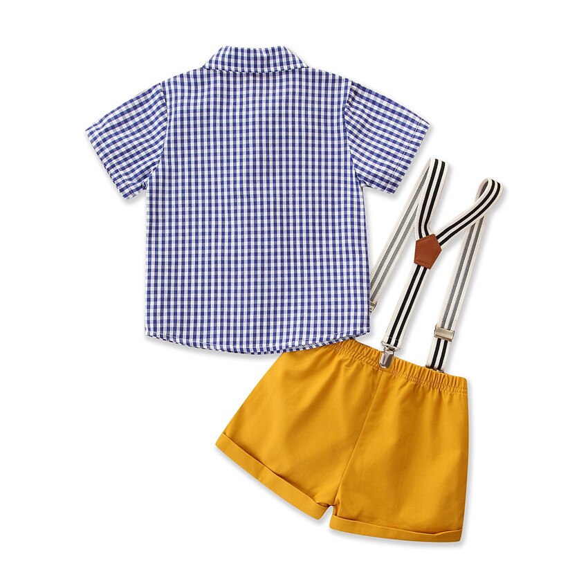 Conjunto de ropa para niños de 1 a 6 años, conjunto de camisa a cuadros de verano, pantalones cortos amarillos y cinturón, 4 piezas