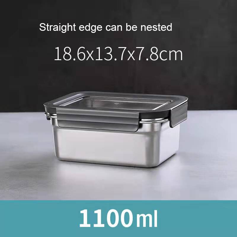 304 Stainless Steel Food Preservation Box Refrigerator Crisper Set Fruit Sealed Box Lunch Box Table Freezer Box Tableware: 1100ml
