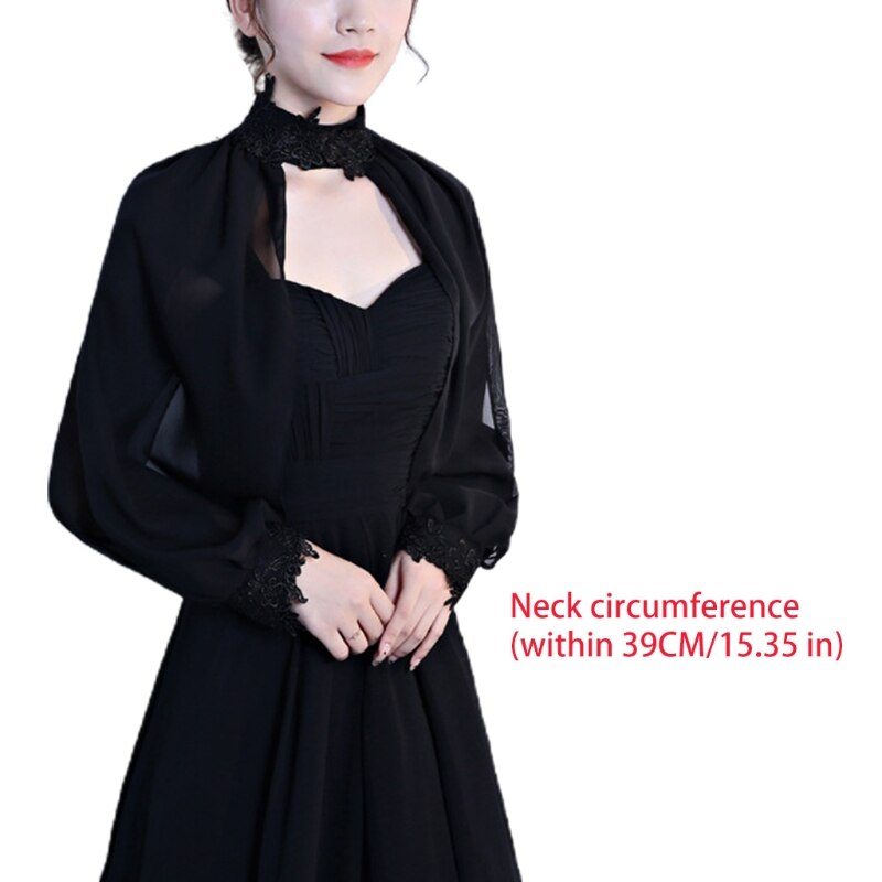 Women Side Split Long Sleeve Wedding Shawl Cape Halter Neck Chiffon Shrug Capelet Open Front Lace Bridal Jacket Bolero