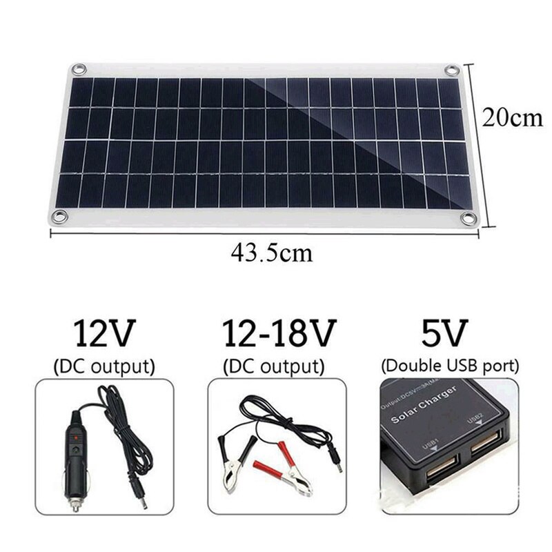 30W Solar Panel Dual USB Output Solar Cells Poly Solar Cells Panel 10-60A Controller for 12V/24V Battery Power Charger