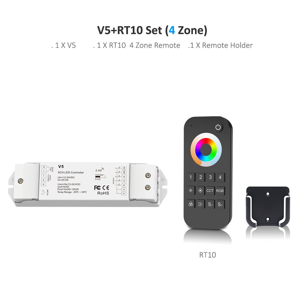 RGBCCT LED Controller 12V 24V 5CH 5A RGB CCT RGBW RGBWW LED Strip Light Controller V5 2.4G RF Wireless Touch Remote Control: V5 and RT10 Set