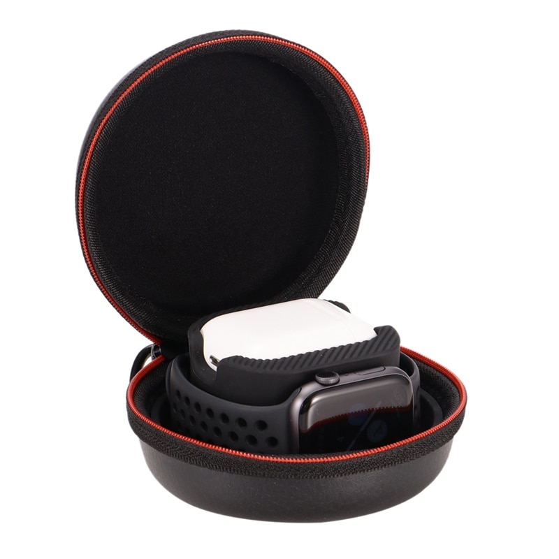 2 in 1 Holder for Apple Watch Series 4/3/2/1 Airpods Round Easy Carry with Hook Watch Bag PU with Silicone