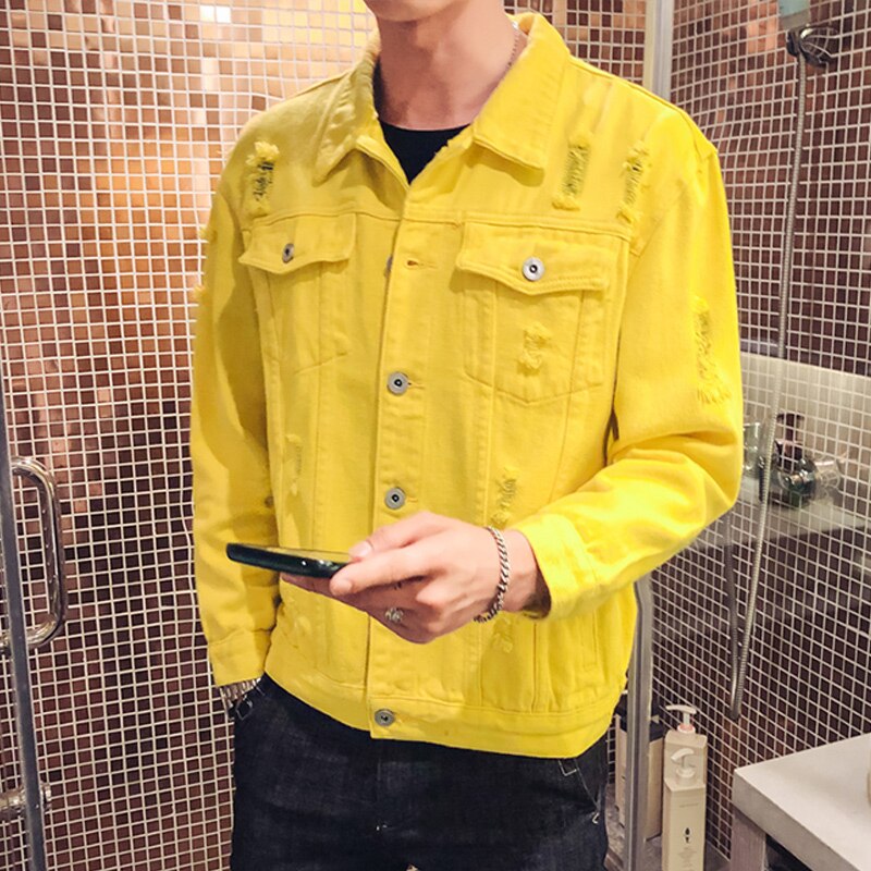 Men Casual Simple Loose Men Jacket Spring Yellow Denim Jacket Holes Long Sleeve Hole Jeans Jacket Men Outwear