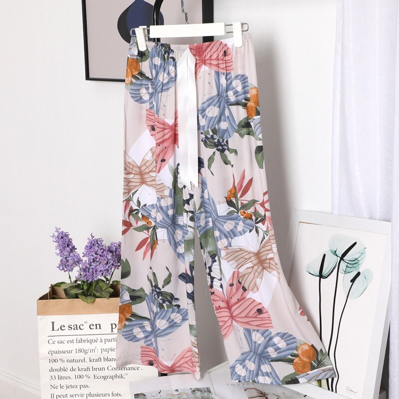 Pantalon en coton respirant pour femmes, imprimé Floral, jambes larges, cordon de serrage, vêtements de maison, Long, été: 5