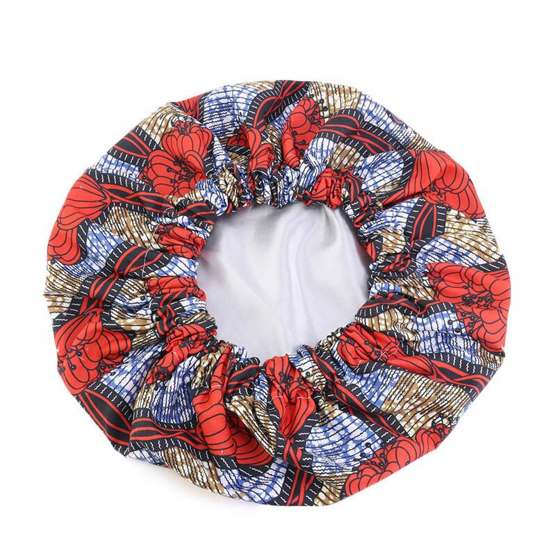 Dubbelt lager satin turban afrikanskt mönster tryck motorhuv kvinnor dag natt sömn mössa extra stor huvud klädsel dam huvud omlott hatt: Stil 434-2