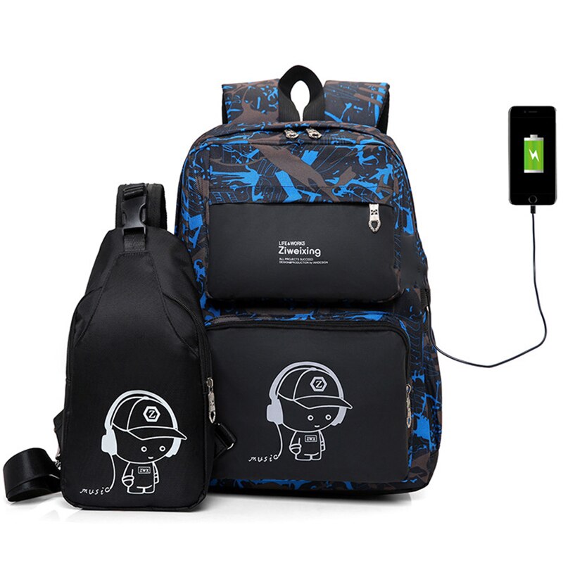 2 Stks/set Usb Mannelijke School Rugzak Voor Jongens Borst Tas Student Laptop Rugzakken Mannen Schooltassen Voor Vrouwen Reizen tas Mochila