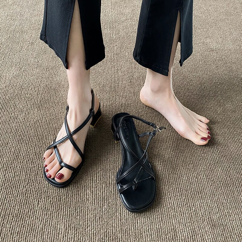 Gesp Beige Hakken Sandalen 2022 Vrouwen Dames Schoenen Zomer Slippers Platform Med Zwart Gladiator Meisjes Corrigerende