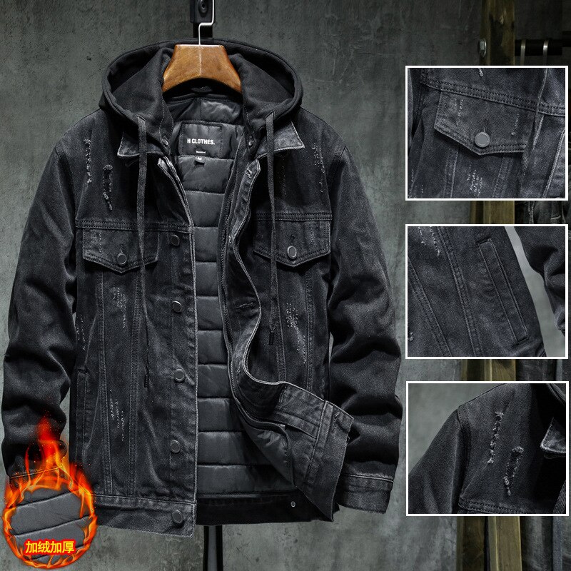 2022 Hooded Cotton Liner Denim Jakets Men Winter Denim Coats Jean Jackets Men Outwear Casual Denim Coats M-4XL